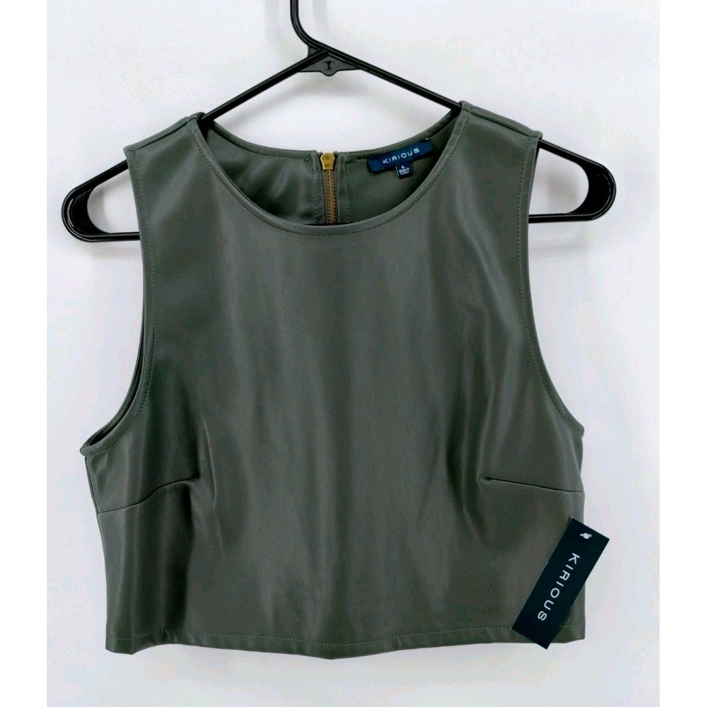 NWT Kirious Womens Faux Leather Crop Top Olive‎ Green Sleeveless Back Zip Large